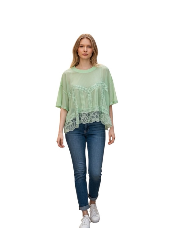 dolan Tops - Dolan Light Green Lace-Trim Sheer Women's Top. Size Medium
